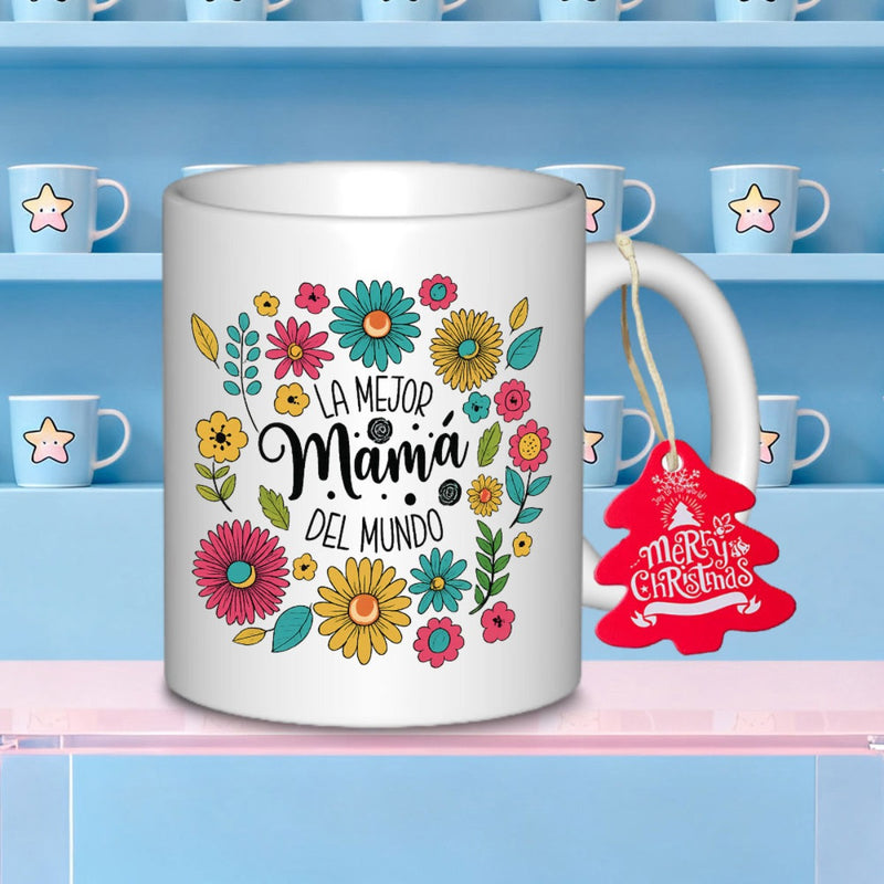 Tailorly White Ceramic 11 oz Mug - Merry Christmas Colorful Hand Drawn Flowers In Circular Arrangement Around Decorative Festive Typography Flower
