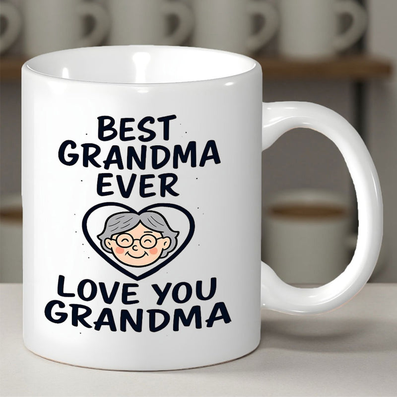 Tailorly White Ceramic 11 oz Mug - Best Grandma Ever Love You Grandma Smiling Cartoon Elderly Woman With Glasses Inside A Heart Outline Grandmother