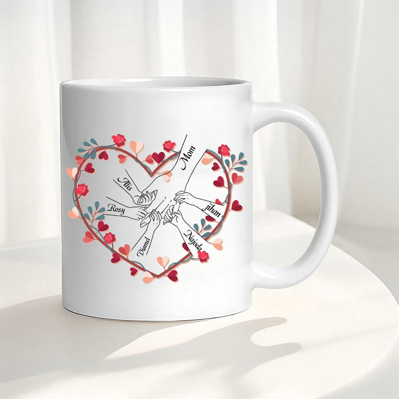 Tailorly White Ceramic 11 oz Mug - Mom Ivy Ben Dave Sophia Hand Drawn Family Hands Stacked Within A Beautiful Decorative Floral Wreath Heart