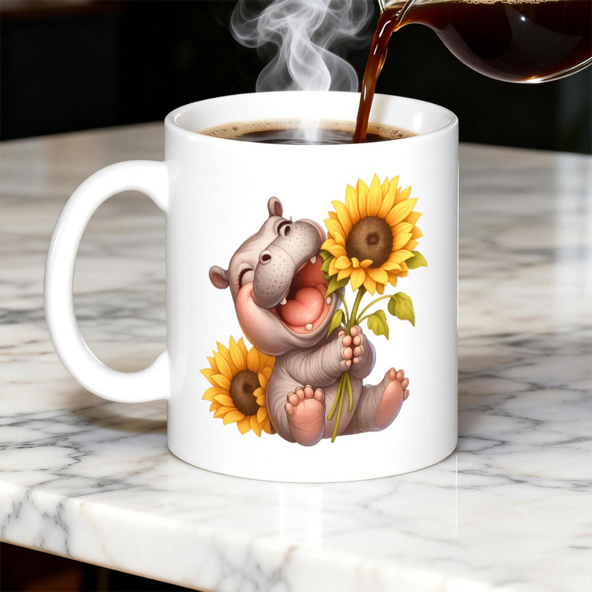 Tailorly White Ceramic 11 oz Mug - Smiling Baby Animal Holding Large Blooming Sunflowers In Summer Garden Hippo