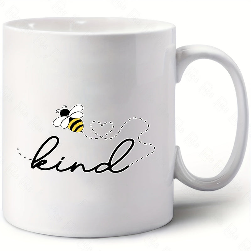 Tailorly White Ceramic 11 oz Mug - Kind Small Yellow Bumblebee Leaving Dotted Heart Shaped Trail In Script Mug