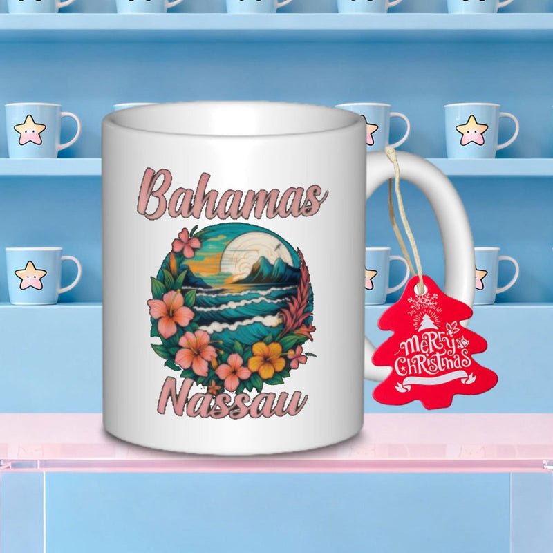 Tailorly White Ceramic 11 oz Mug - Bahamas Nassau Tropical Island Paradise Surrounded By Vibrant Hibiscus Flowers Landscape