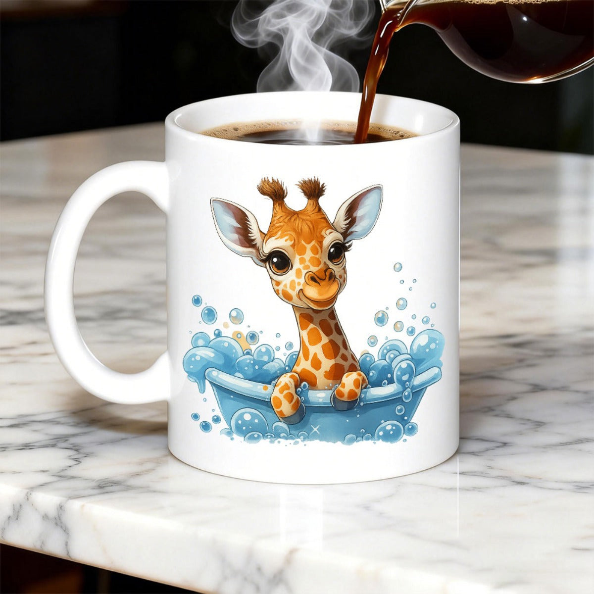 Tailorly White Ceramic 11 oz Mug - Cute Baby Giraffe Sitting In A Blue Bubble Bath Tub Giraffe