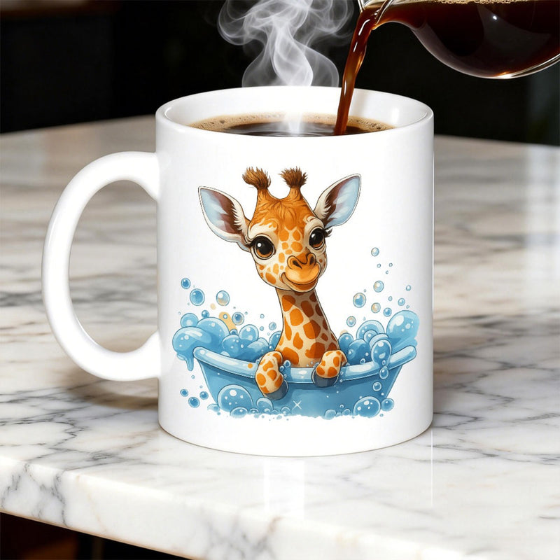 Tailorly White Ceramic 11 oz Mug - Cute Baby Giraffe Sitting In A Blue Bubble Bath Tub Giraffe