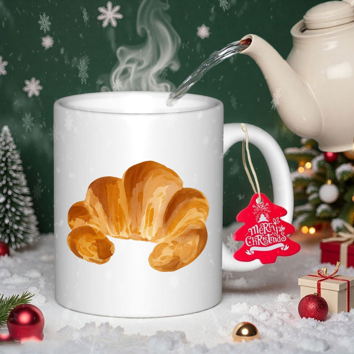 Tailorly White Ceramic 11 oz Mug - Merry Christmas Golden Flaky Pastry Freshly Baked Under Steaming Hot Water Croissant