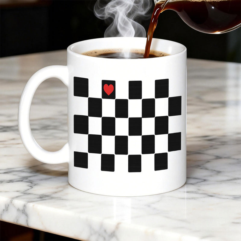 Tailorly White Ceramic 11 oz Mug - Minimalist Black And White Checkerboard Pattern With A Tiny Red Heart Mug