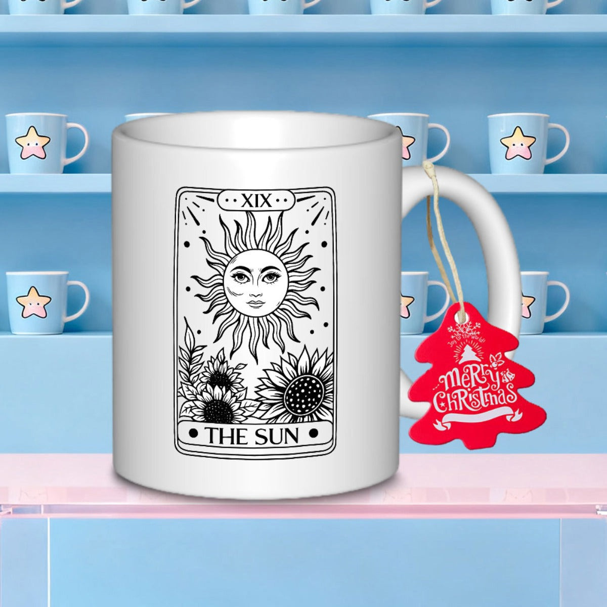 Tailorly White Ceramic 11 oz Mug - The Sun XIX Vintage Mystical Tarot Card Design Featuring Blooming Sunflowers And Radiant Sun