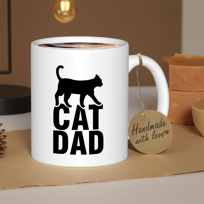 Tailorly White Ceramic 11 oz Mug - Cat Dad Sleek Minimalist Black Silhouette Of A Domestic Feline Walking Gracefully Cat