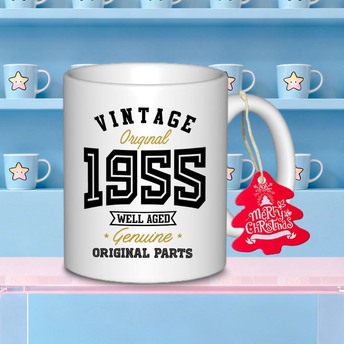 Tailorly White Ceramic 11 oz Mug - Vintage Original 1955 Well Aged Genuine Original Parts Classic Retro Typographic Style Featuring Bold Anniversary Numbers On