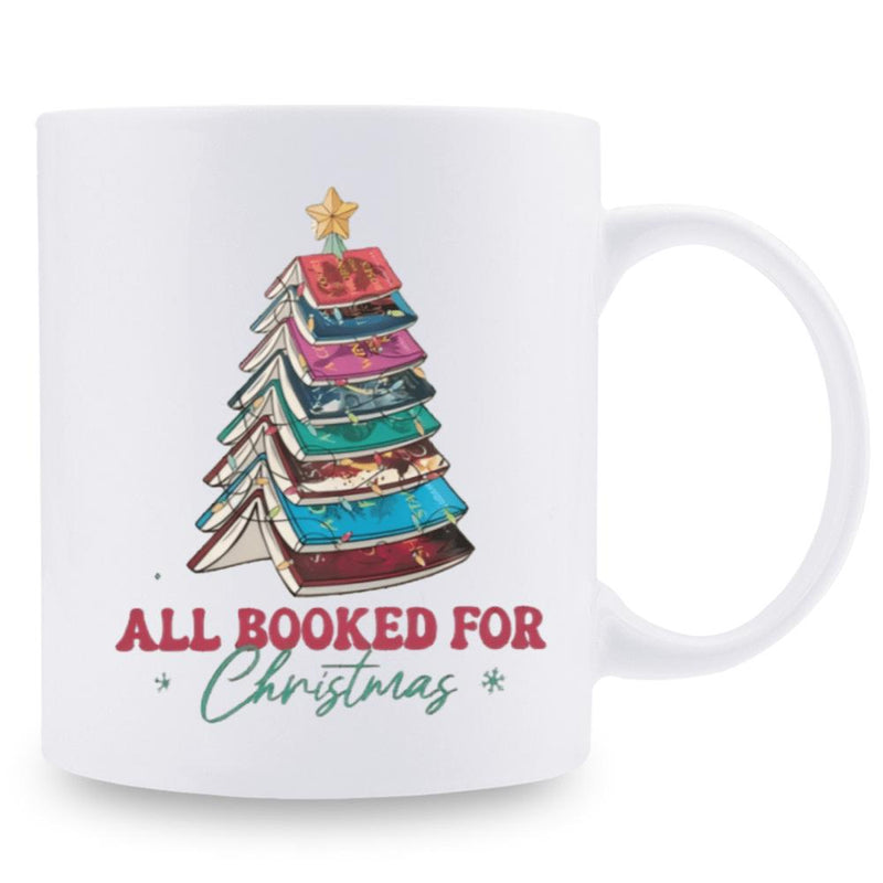 Tailorly White Ceramic 11 oz Mug - All Booked For Christmas Stacked Colorful Open Books Forming A Festive Holiday Pine Shape Tree