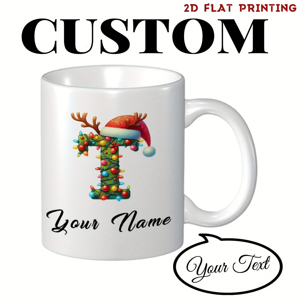 Tailorly White Ceramic 11 oz Mug - Your Name Festive Monogram Decorated With Tiny Colorful Lights And Reindeer Antler Letter