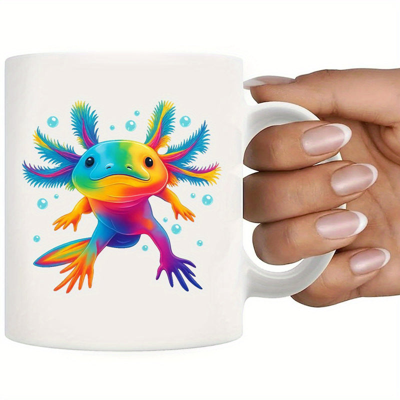 Tailorly White Ceramic 11 oz Mug - Vibrant Rainbow Colors Splashing Across A Cute Swimming Creature With Bubbles Axolotl
