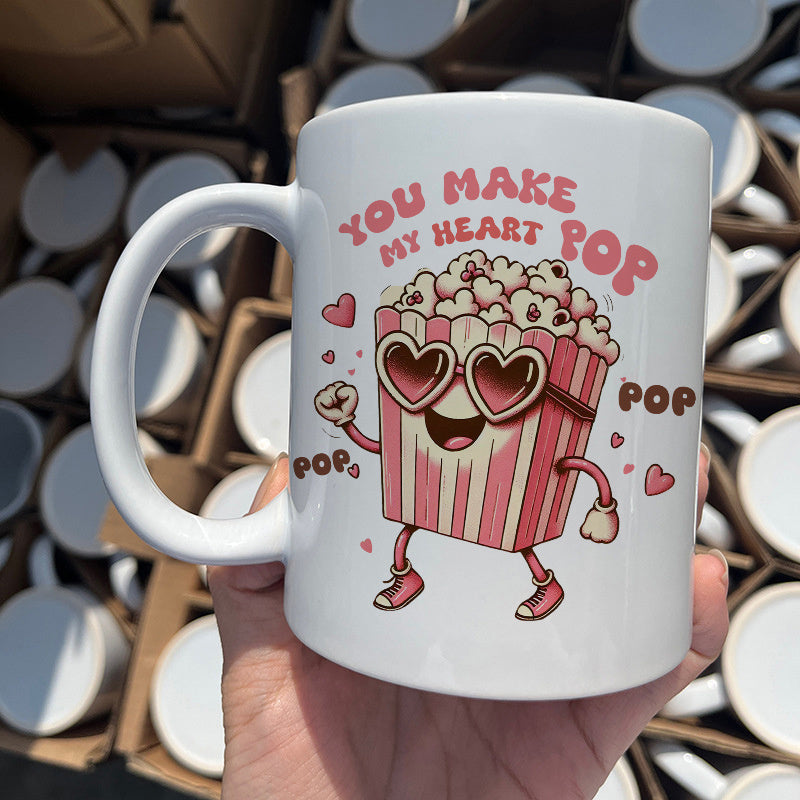 Tailorly White Ceramic 11 oz Mug - You Make My Heart Pop Retro Cartoon Character Wearing Heart Shaped Glasses And Pink Striped Box Popcorn