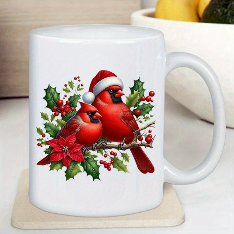Tailorly White Ceramic 11 oz Mug - Festive Christmas Scene Featuring Red Birds Wearing Santa Hats Among Holly Cardinal