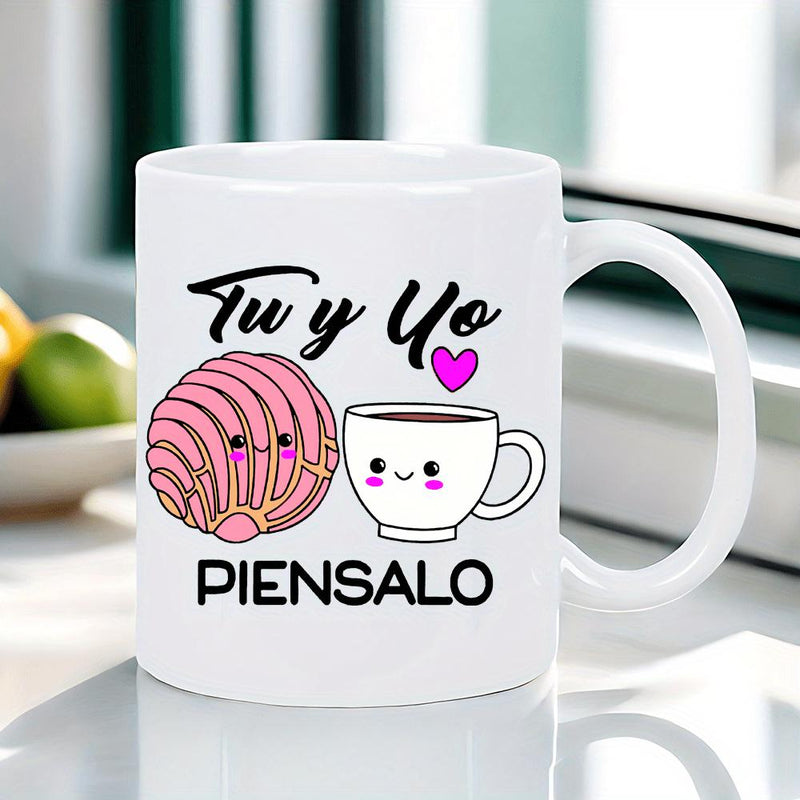 Tailorly White Ceramic 11 oz Mug - Adorable Pink Mexican Sweet Bread Smiling Next To A Friendly Coffee Cup Bread