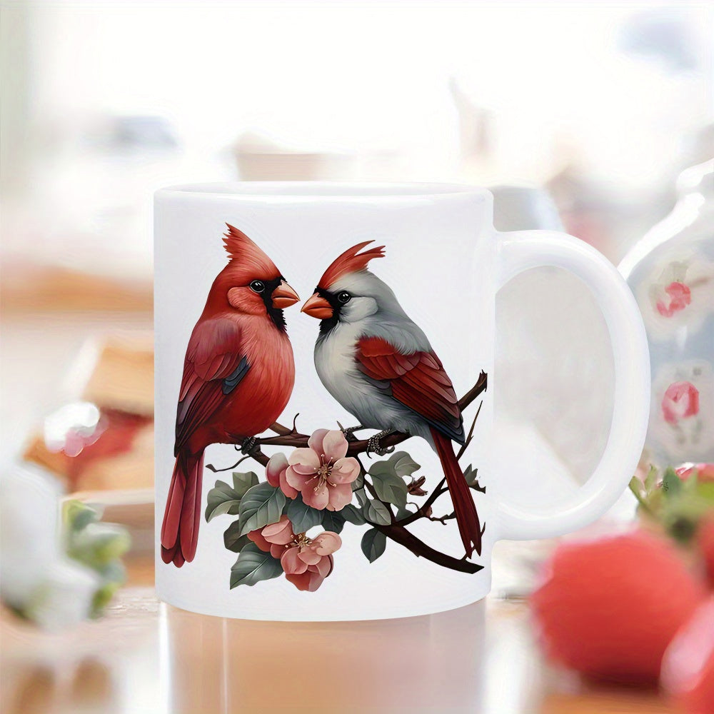 Tailorly White Ceramic 11 oz Mug - Vibrant Red And Grey Songbirds Perched On Spring Flower Branch Cardinal