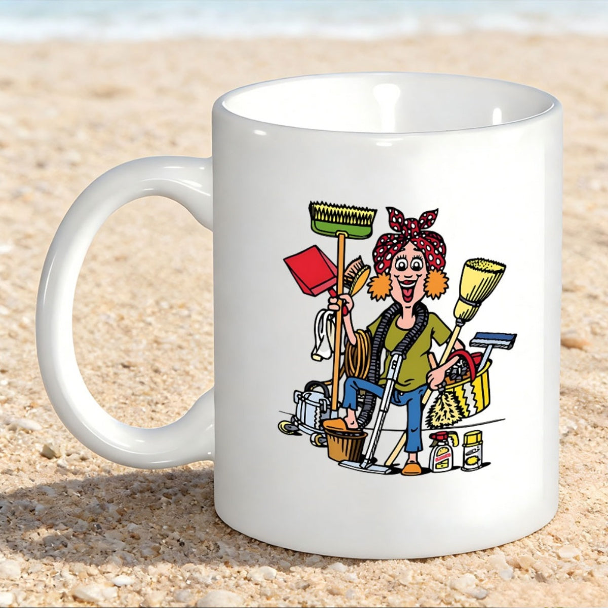Tailorly White Ceramic 11 oz Mug - Cheerful Busy Lady Carrying Various Housekeeping And Cleaning Tools Woman
