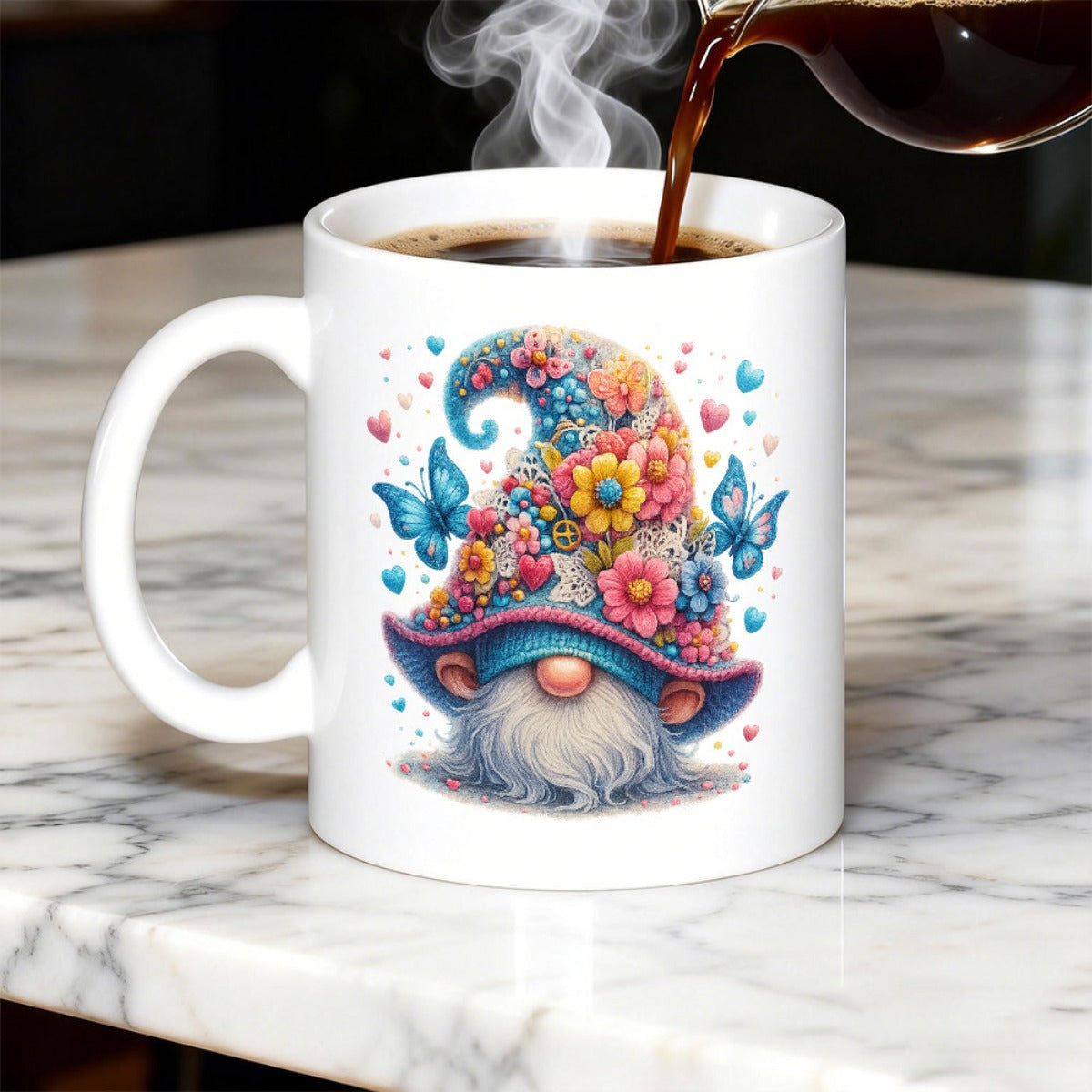 Tailorly White Ceramic 11 oz Mug - Colorful Garden Design Featuring Vibrant Spring Flowers And Blue Butterflies Gnome