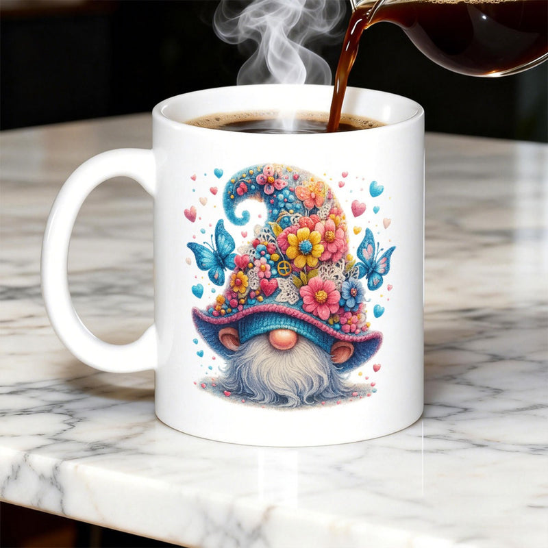 Tailorly White Ceramic 11 oz Mug - Colorful Garden Design Featuring Vibrant Spring Flowers And Blue Butterflies Gnome