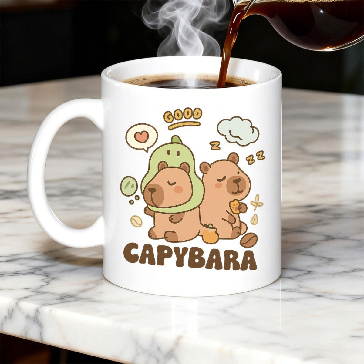 Tailorly White Ceramic 11 oz Mug - Capybara Two Adorable Cartoon Creatures Resting Peacefully Among Floating Coffee Beans Capybara