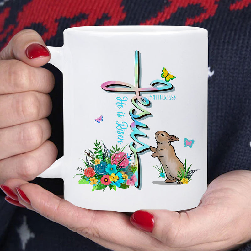 Tailorly White Ceramic 11 oz Mug - Jesus He Is Risen Matt 28 6 Colorful Floral Arrangement With Butterflies And A Small Standing Brown Rabbit