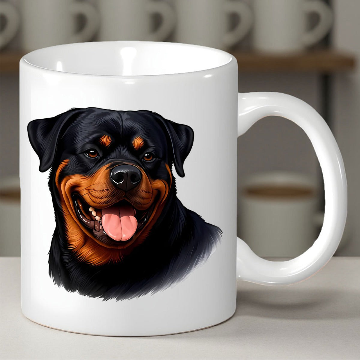 Tailorly White Ceramic 11 oz Mug - Detailed Portrait Showing A Smiling Black And Tan Furry Dog Head Rottweiler