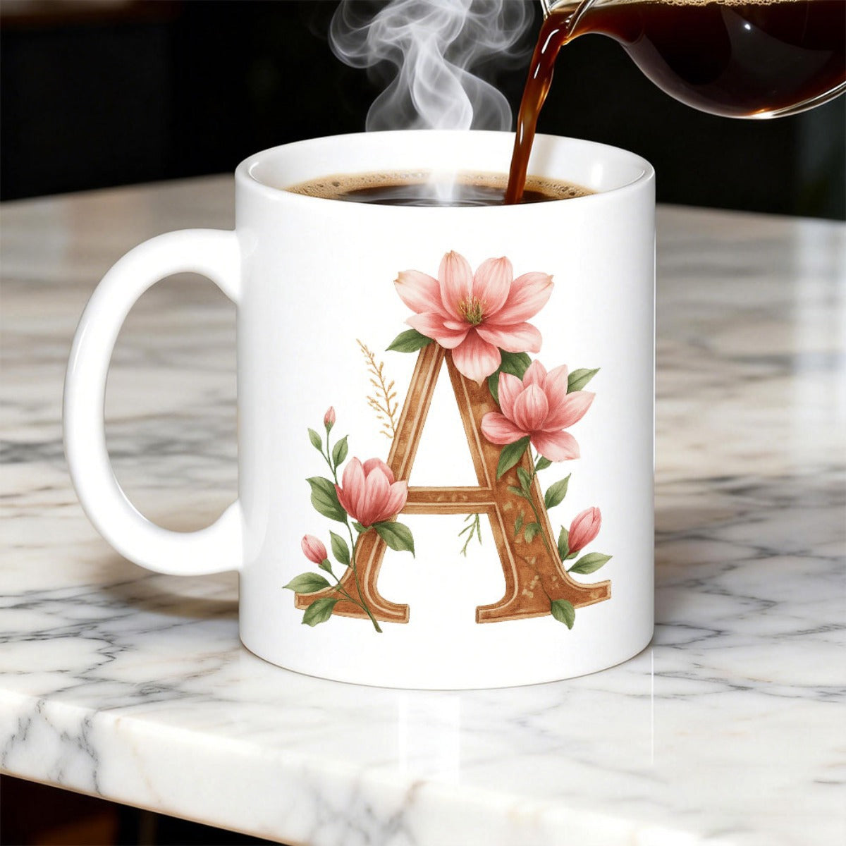 Tailorly White Ceramic 11 oz Mug - A Floral Wooden Surface With Soft Petals And Green Leaves Initial