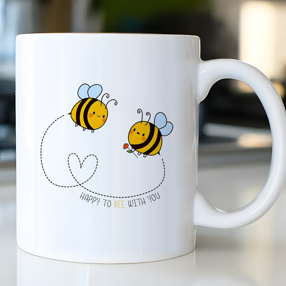 Tailorly White Ceramic 11 oz Mug - Happy To Bee With You Two Cute Cartoon Bees Flying With A Dotted Heart Path Trailing Behind Bee