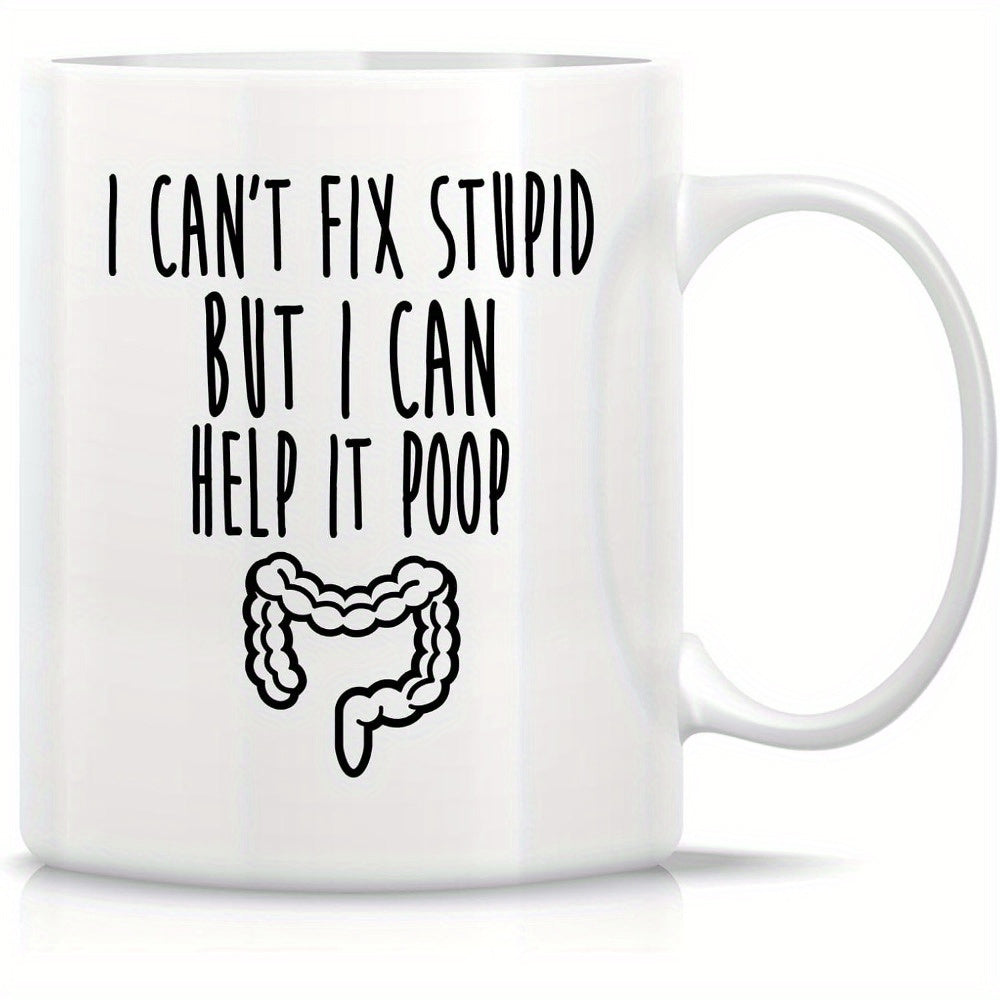 Tailorly White Ceramic 11 oz Mug - I Cant Fix Stupid But I Can Help It Poop Minimalist Black Line Drawing Depicting A Human Digestive System Internal Intestines