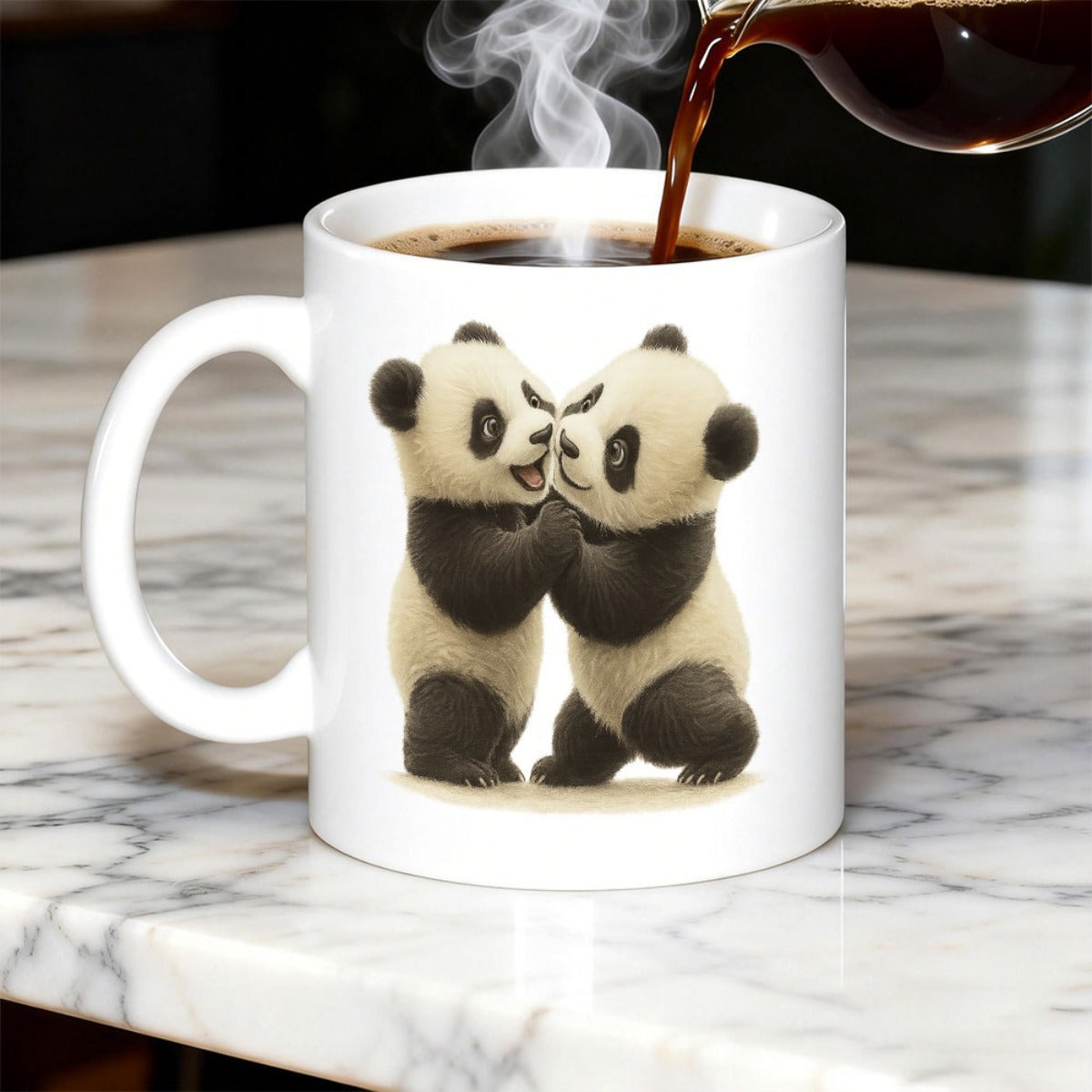 Tailorly White Ceramic 11 oz Mug - Adorable Furry Pandas Holding Hands Sitting On A Soft Surface Together Panda