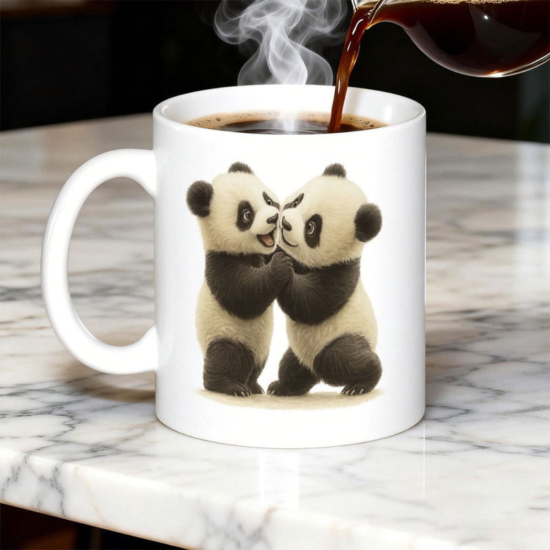 Tailorly White Ceramic 11 oz Mug - Adorable Furry Pandas Holding Hands Sitting On A Soft Surface Together Panda