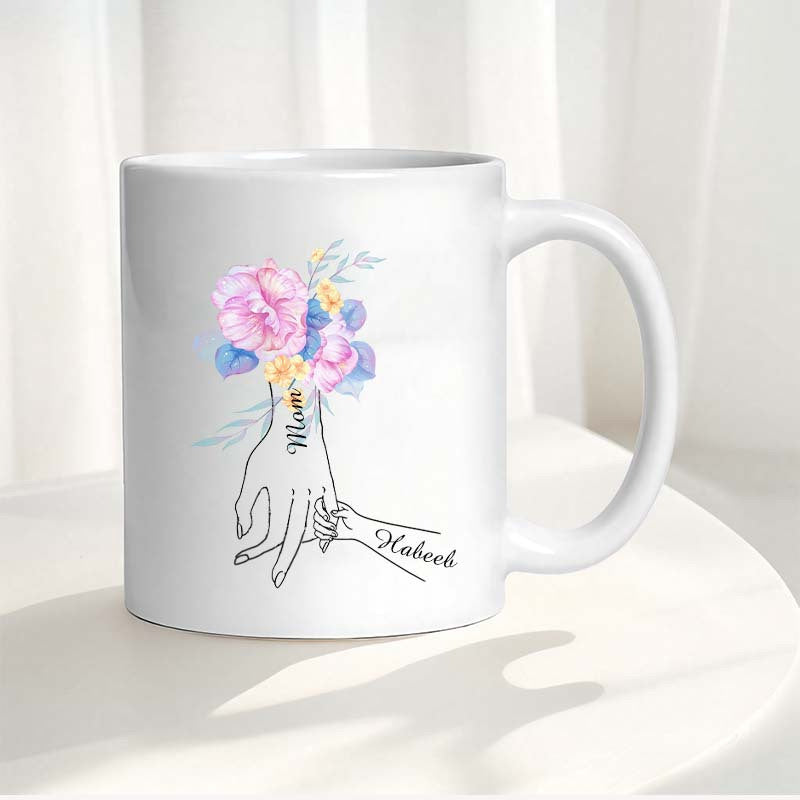 Tailorly White Ceramic 11 oz Mug - Mom Delicate Watercolor Flowers With Parent And Child Hands Interlocking Hand