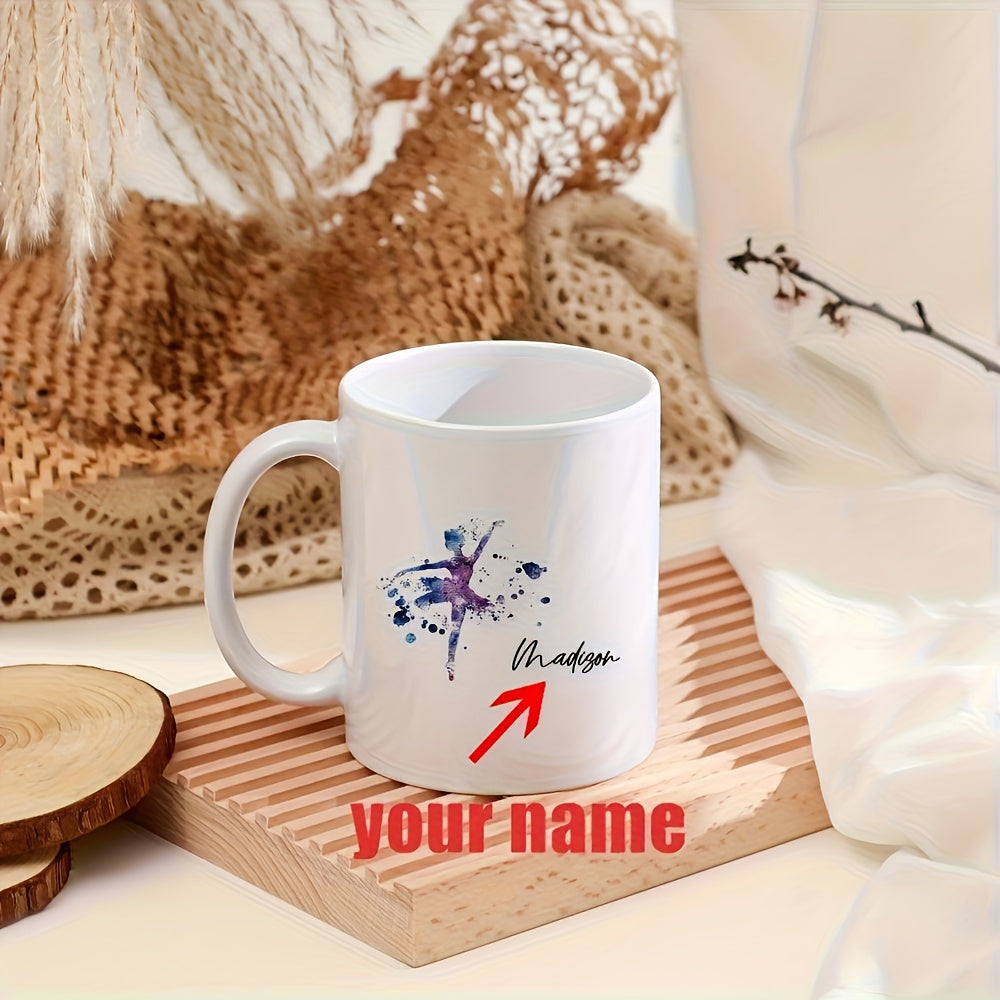 Tailorly White Ceramic 11 oz Mug - Madlyn Vibrant Watercolor Splatter Effect On A Graceful Dancing Silhouette Ballerina