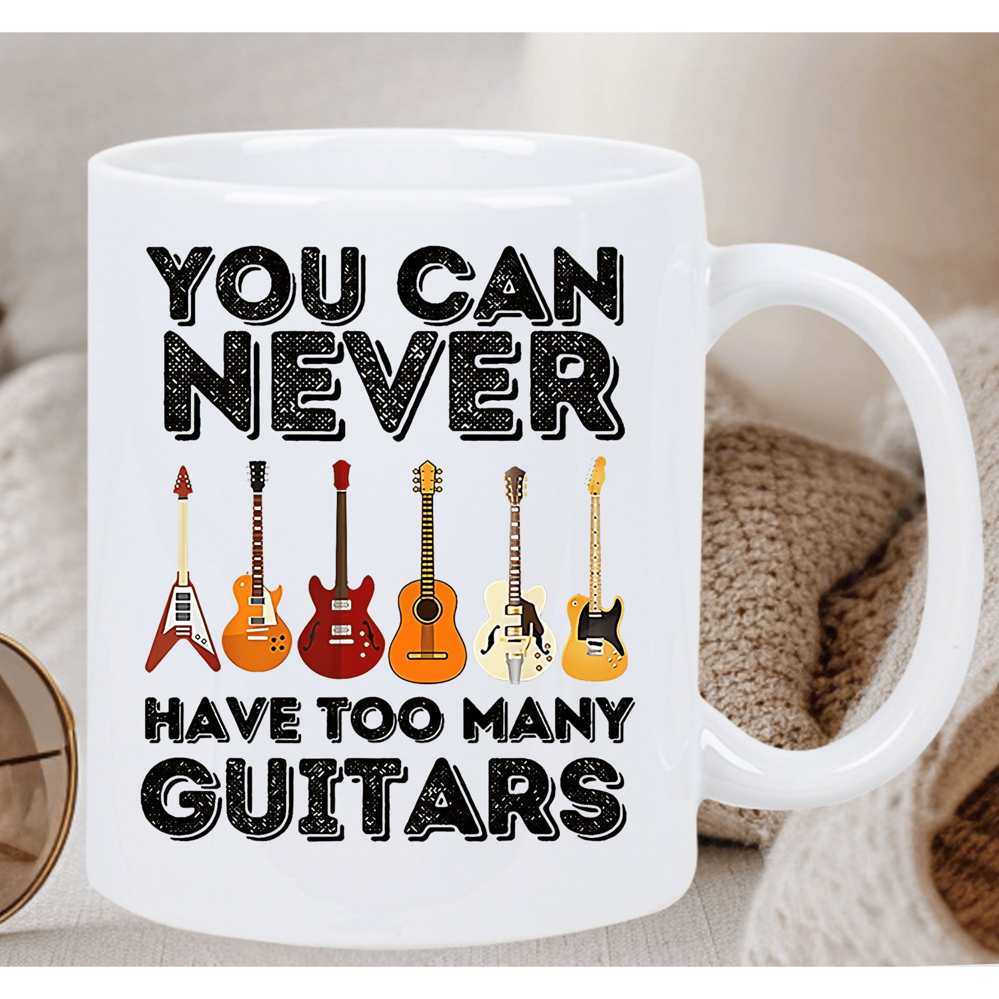 Tailorly White Ceramic 11 oz Mug - You Can Never Have Too Many Guitars Classic Collection Of Musical Instruments In Different Vibrant Colors Guitar