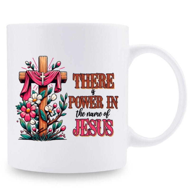 Tailorly White Ceramic 11 oz Mug - There Is Power In The Name Of Jesus Artistic Wooden Religious Symbol Surrounded By Blooming Vibrant Flowers Cross