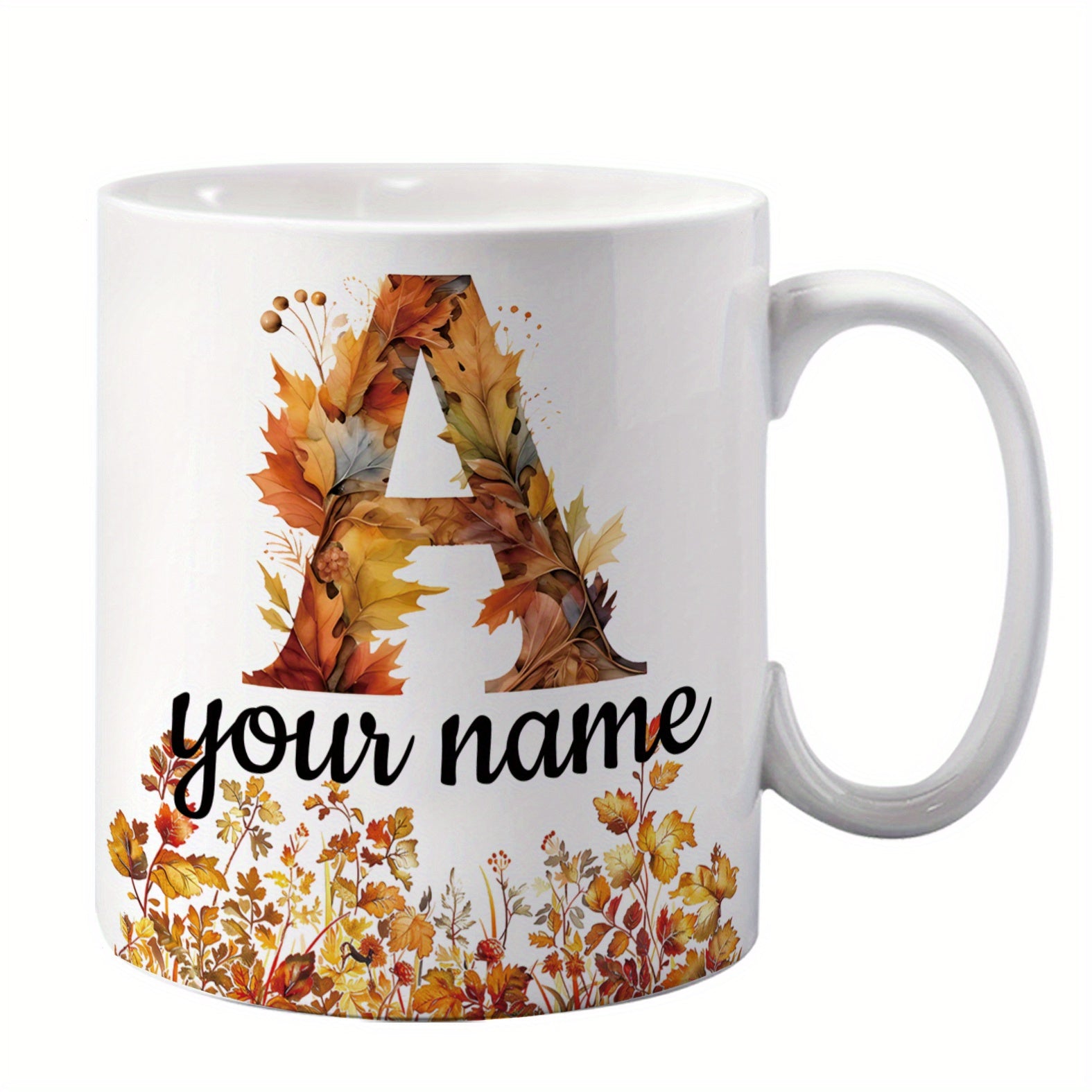Tailorly White Ceramic 11 oz Mug - Your Name Autumnal Foliage Filling A Large Monogram Among Dried Seasonal Wildflowers Letter