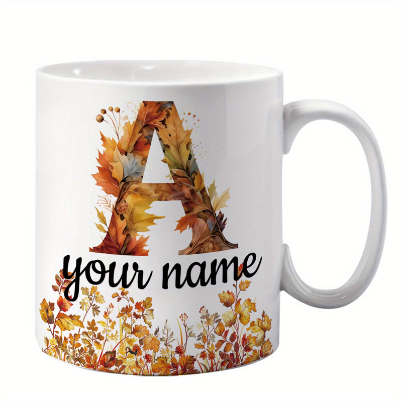 Tailorly White Ceramic 11 oz Mug - Your Name Autumnal Foliage Filling A Large Monogram Among Dried Seasonal Wildflowers Letter