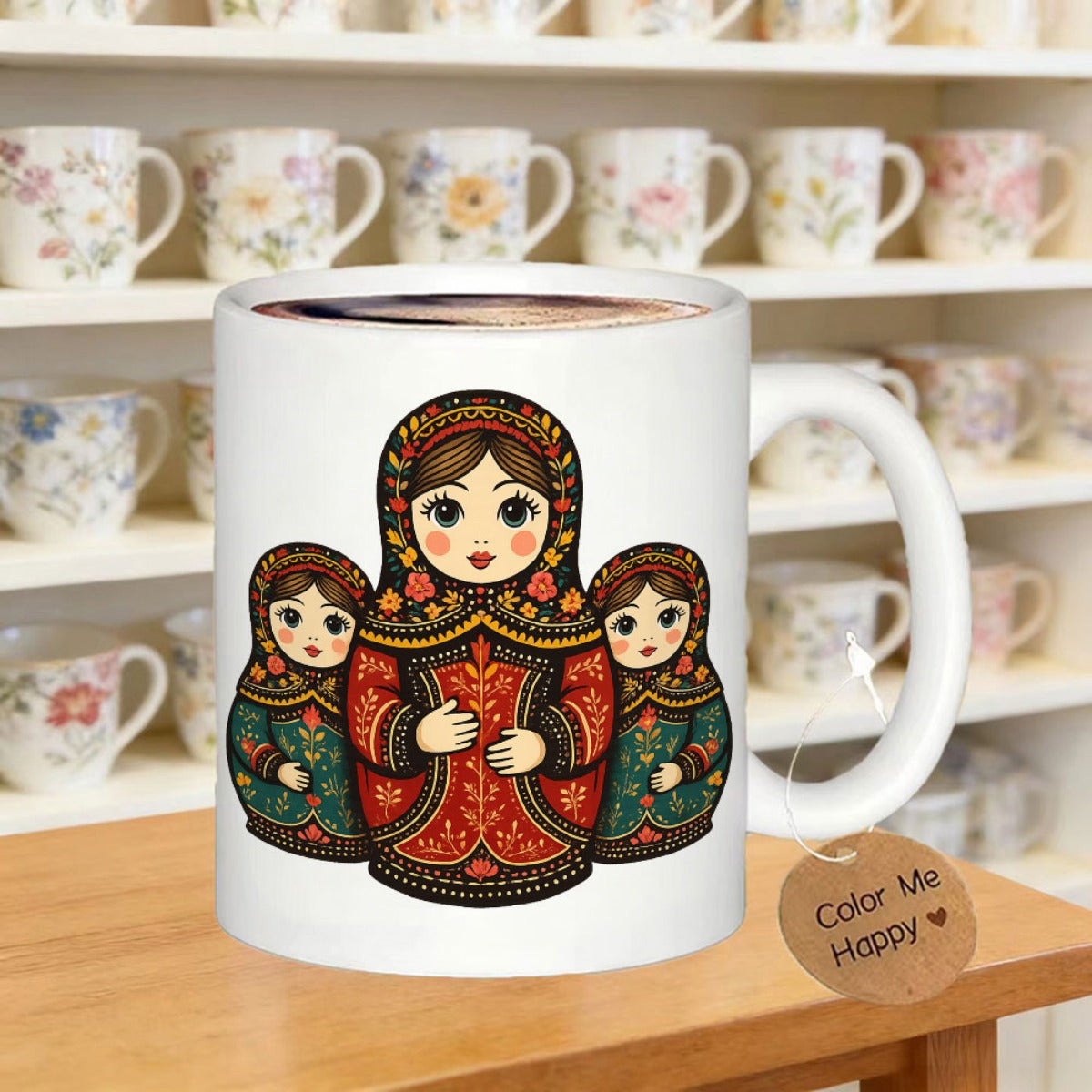 Tailorly White Ceramic 11 oz Mug - Color Me Happy Traditional Folk Art Russian Nesting Dolls Featuring Red And Green Floral Details Matryoshka