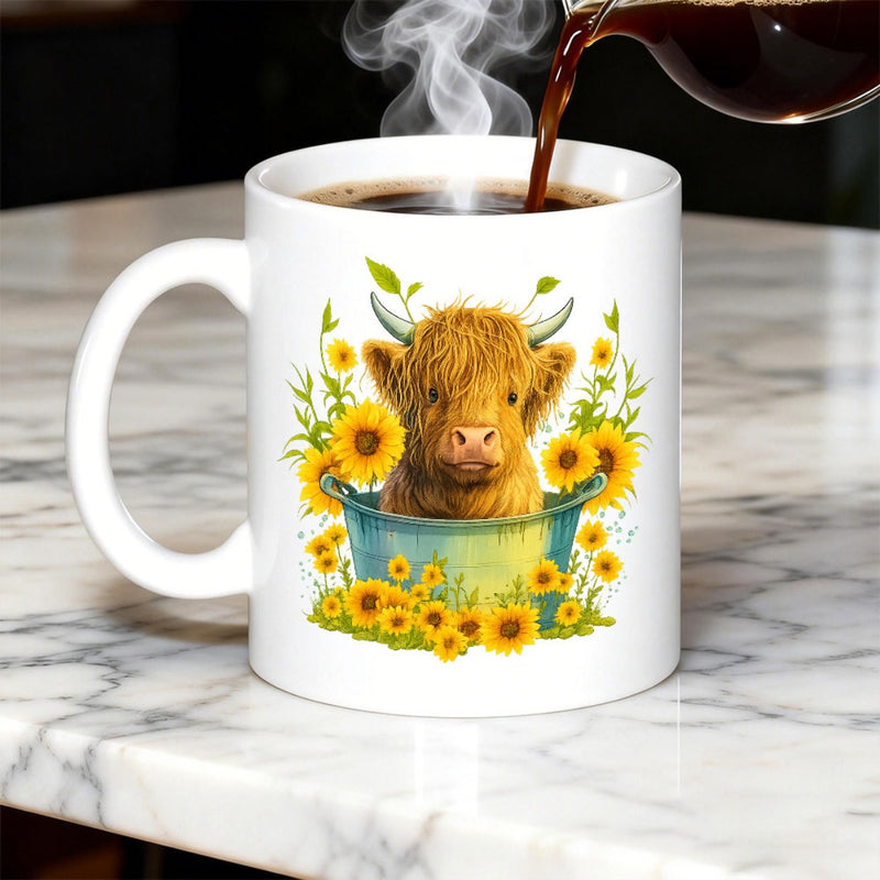 Tailorly White Ceramic 11 oz Mug - Charming Fluffy Shaggy Animal Sitting In Blue Basin Under Yellow Sunflowers Cow