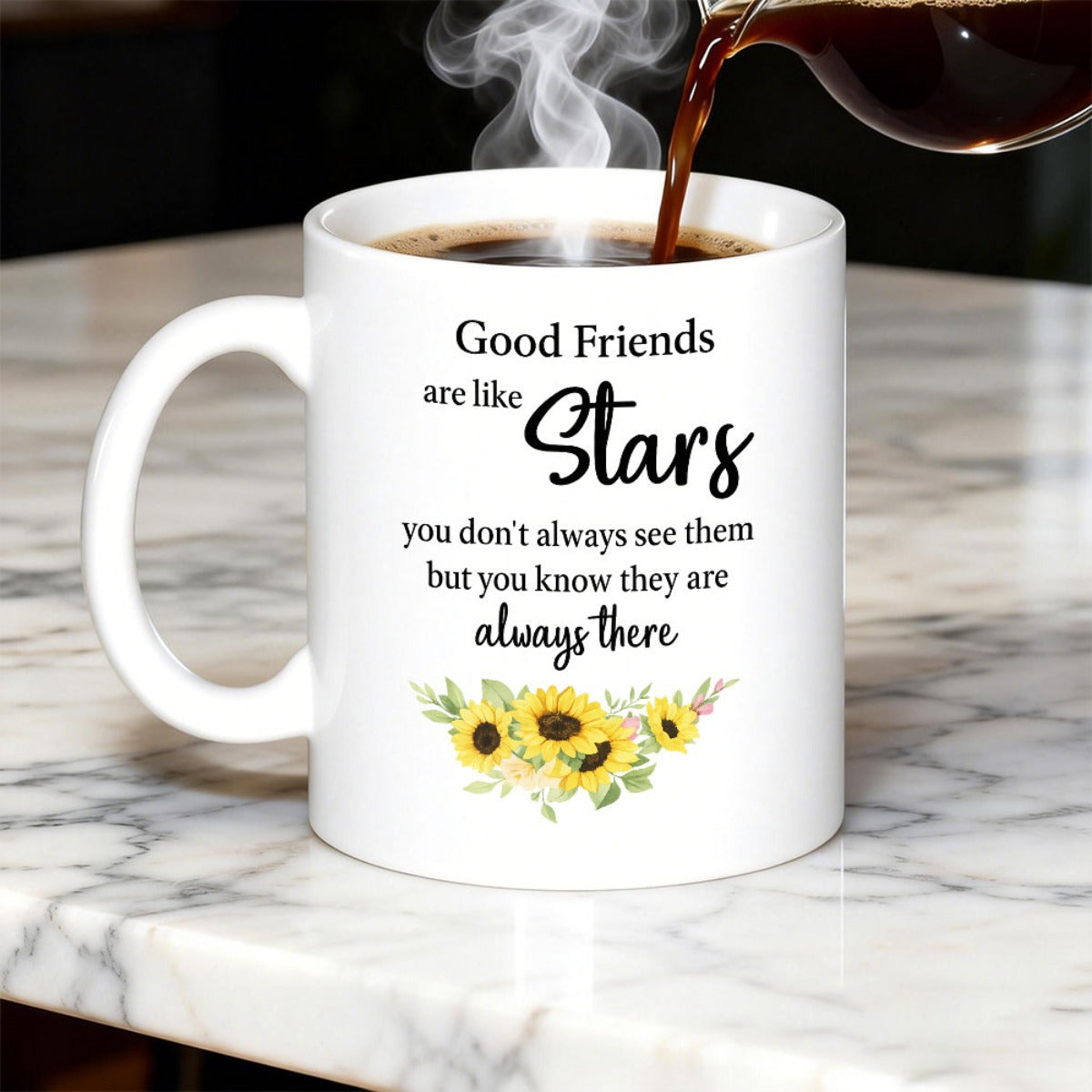 Tailorly White Ceramic 11 oz Mug - Good Friends Are Like Stars You Dont Always See Them But You Know They Are Always There Elegant Yellow Sunflowers Blooming Among