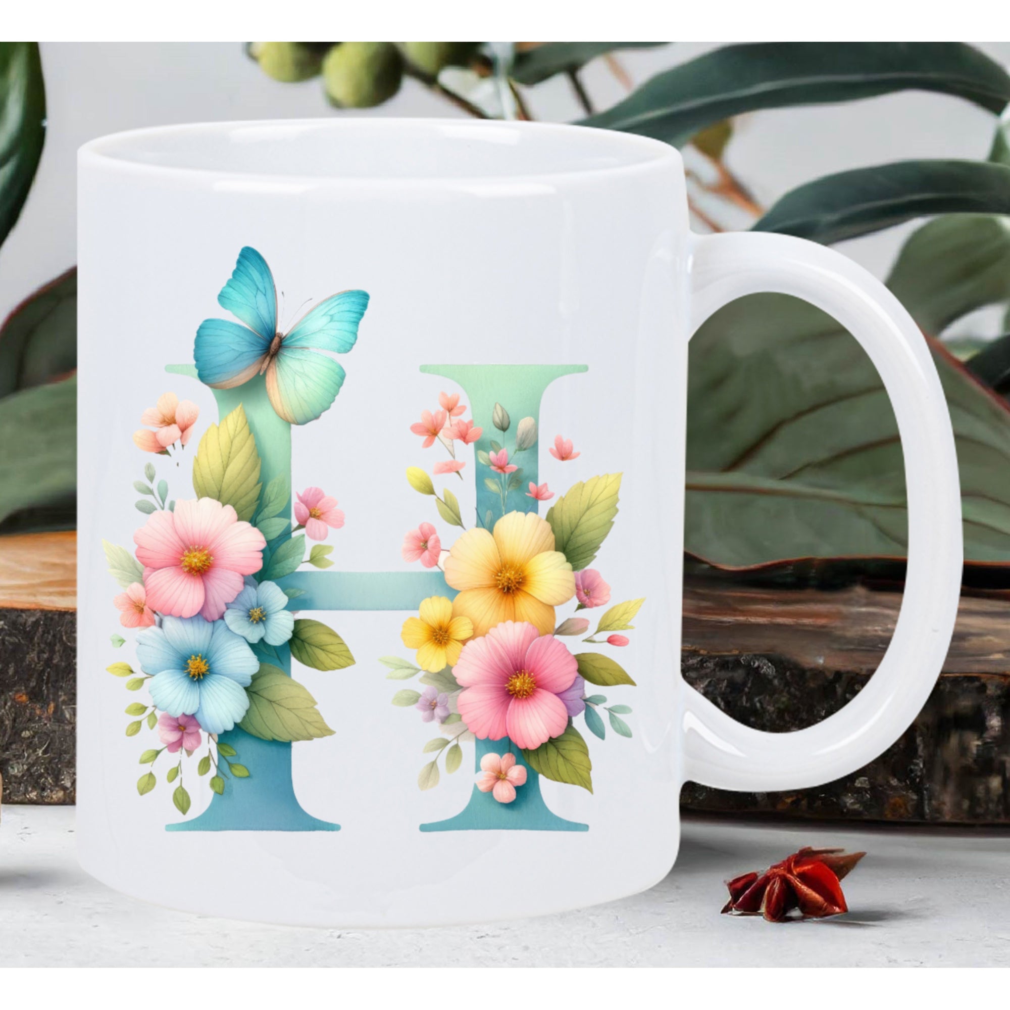 Tailorly White Ceramic 11 oz Mug - Vibrant Blooming Blossoms With Delicate Butterfly Resting On Elegant Floral Letter H