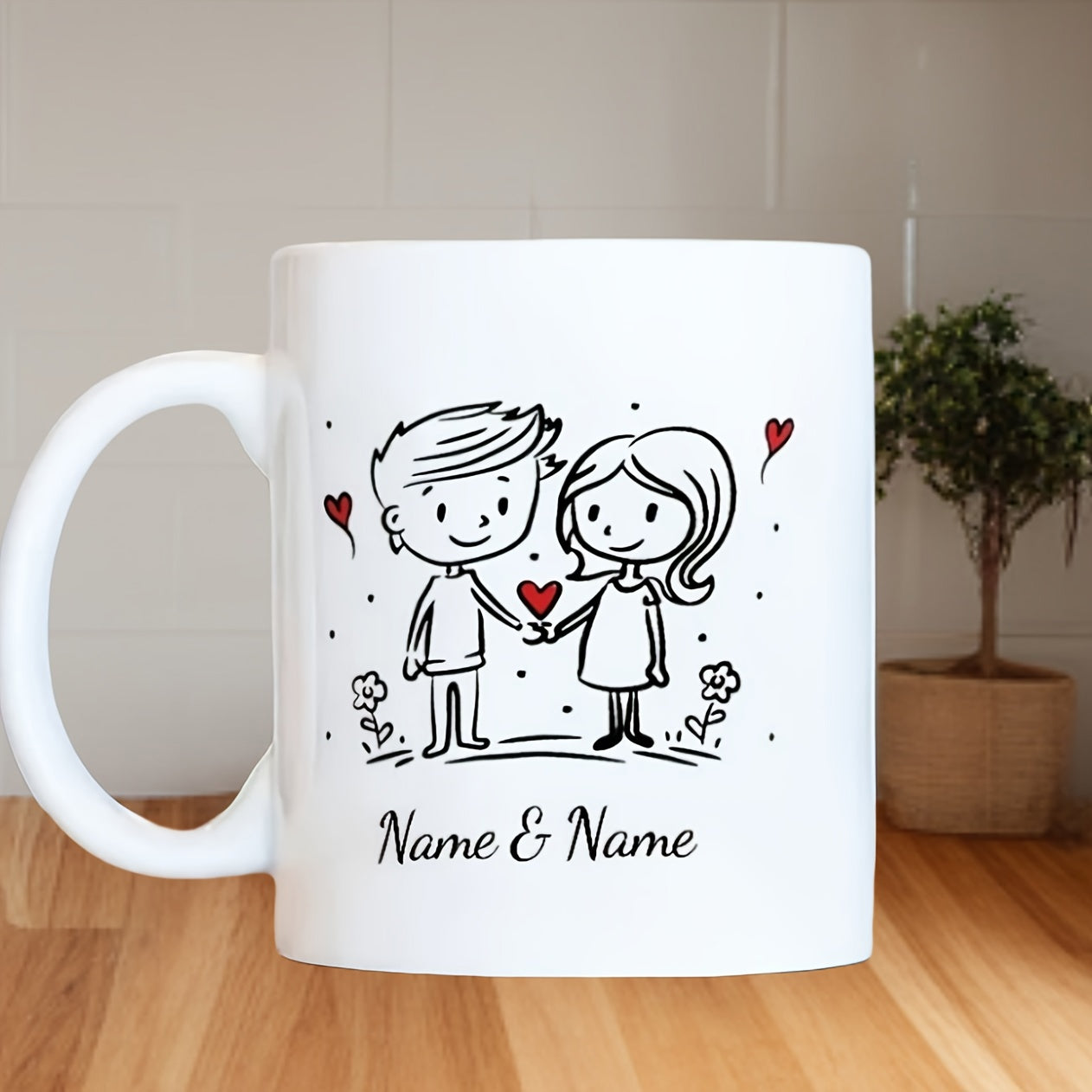 Tailorly White Ceramic 11 oz Mug - Name Name Cute Minimalist Hand Drawn Doodle Couple Holding Heart Flowers Couple