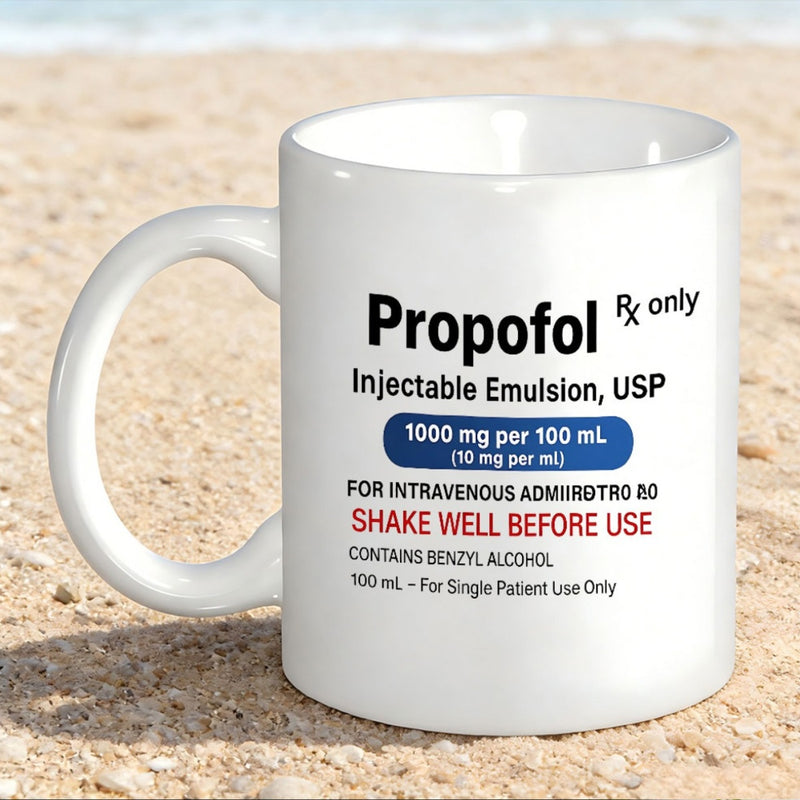 Tailorly White Ceramic 11 oz Mug - Propofol Rx Only Injectable Emulsion USP Classic Medical Pharmaceutical Vial Layout Featuring Bold Black And Red Script Label