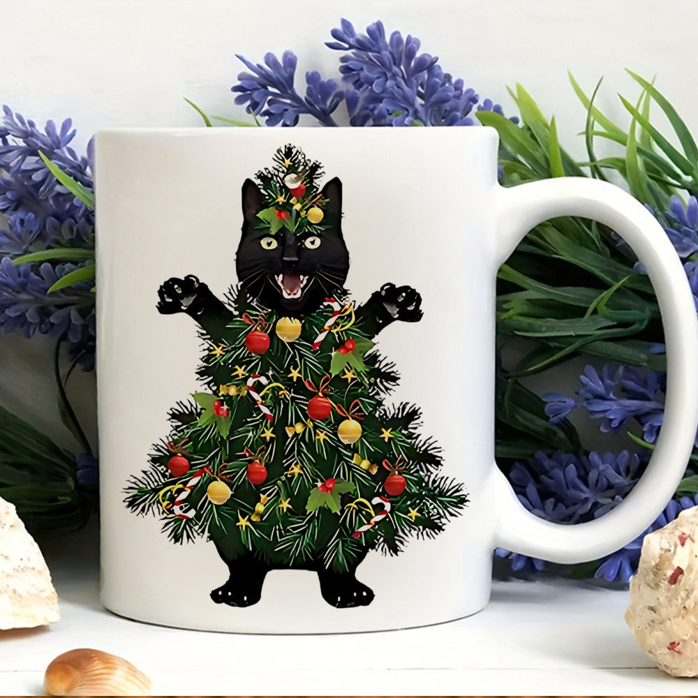 Tailorly White Ceramic 11 oz Mug - Festive Furry Black Pet Wearing Decorative Holiday Christmas Tree Cat