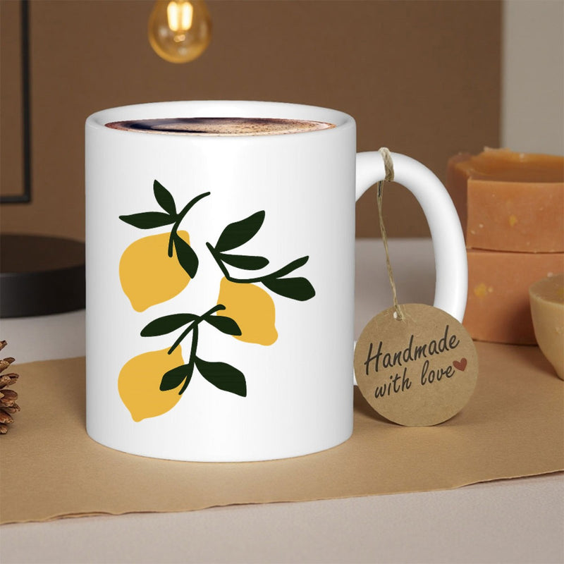 Tailorly White Ceramic 11 oz Mug - Handmade With Love Vibrant Yellow Fruits Hanging On Delicate Branches With Lush Green Leaves Lemon