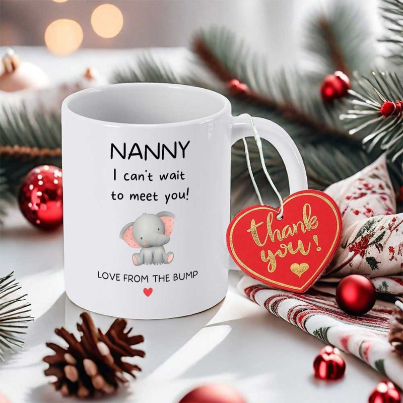 Tailorly White Ceramic 11 oz Mug - Nanny I Cant Wait To Meet You Love From The Bump Small Sitting Baby Elephant With Pink Ears And Minimalist Red Heart Elephant