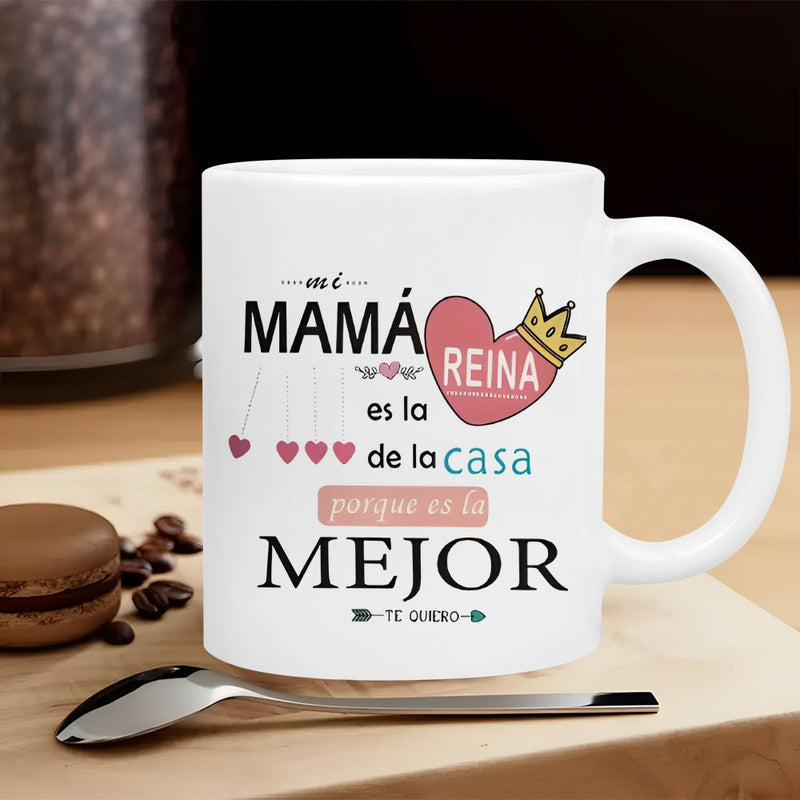 Tailorly White Ceramic 11 oz Mug - Pink Heart With Golden Crown Surrounded By Smaller Delicate Hanging Hearts Heart