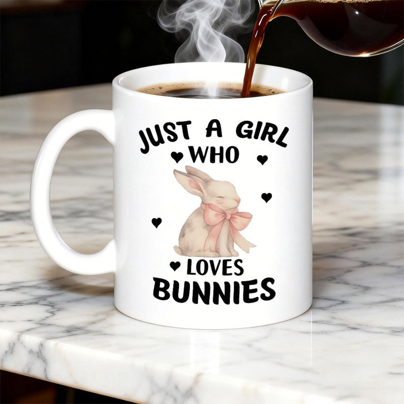 Tailorly White Ceramic 11 oz Mug - Just A Girl Who Loves Bunnies Adorable Watercolor Rabbit Wearing A Soft Pink Bow With Little Hearts Bunny