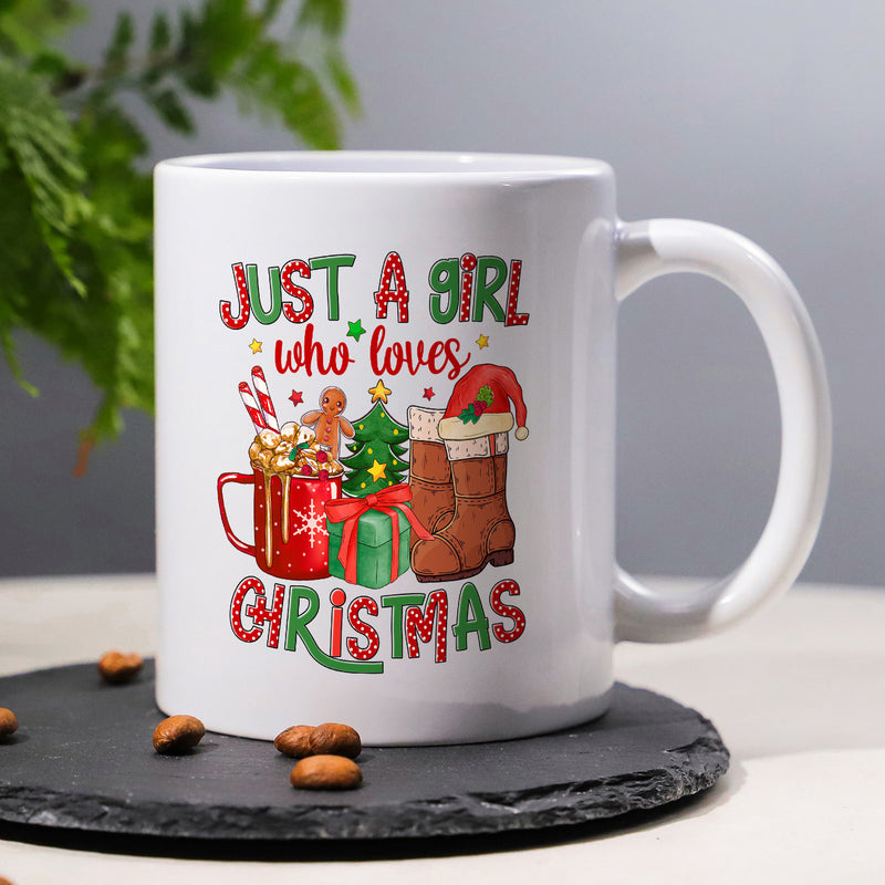 Tailorly White Ceramic 11 oz Mug - Just A Girl Who Loves Christmas Festive Holiday Elements Including Hot Cocoa With Gingerbread And Decorated Tree Mug