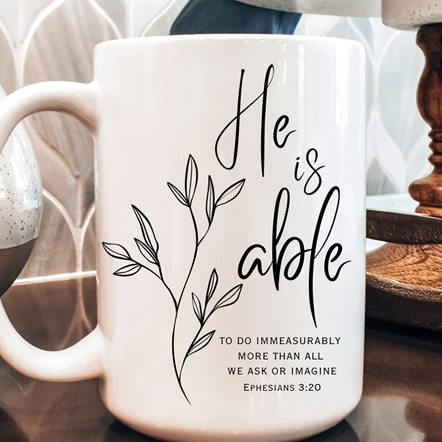 Tailorly White Ceramic 11 oz Mug - He Is Able Ephesians 3 20 Minimalist Black Line Art Drawing Of Elegant Botanical Leaves Branch